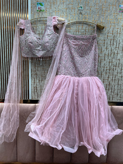 Eye catching peach crop top fish cut Lehenga