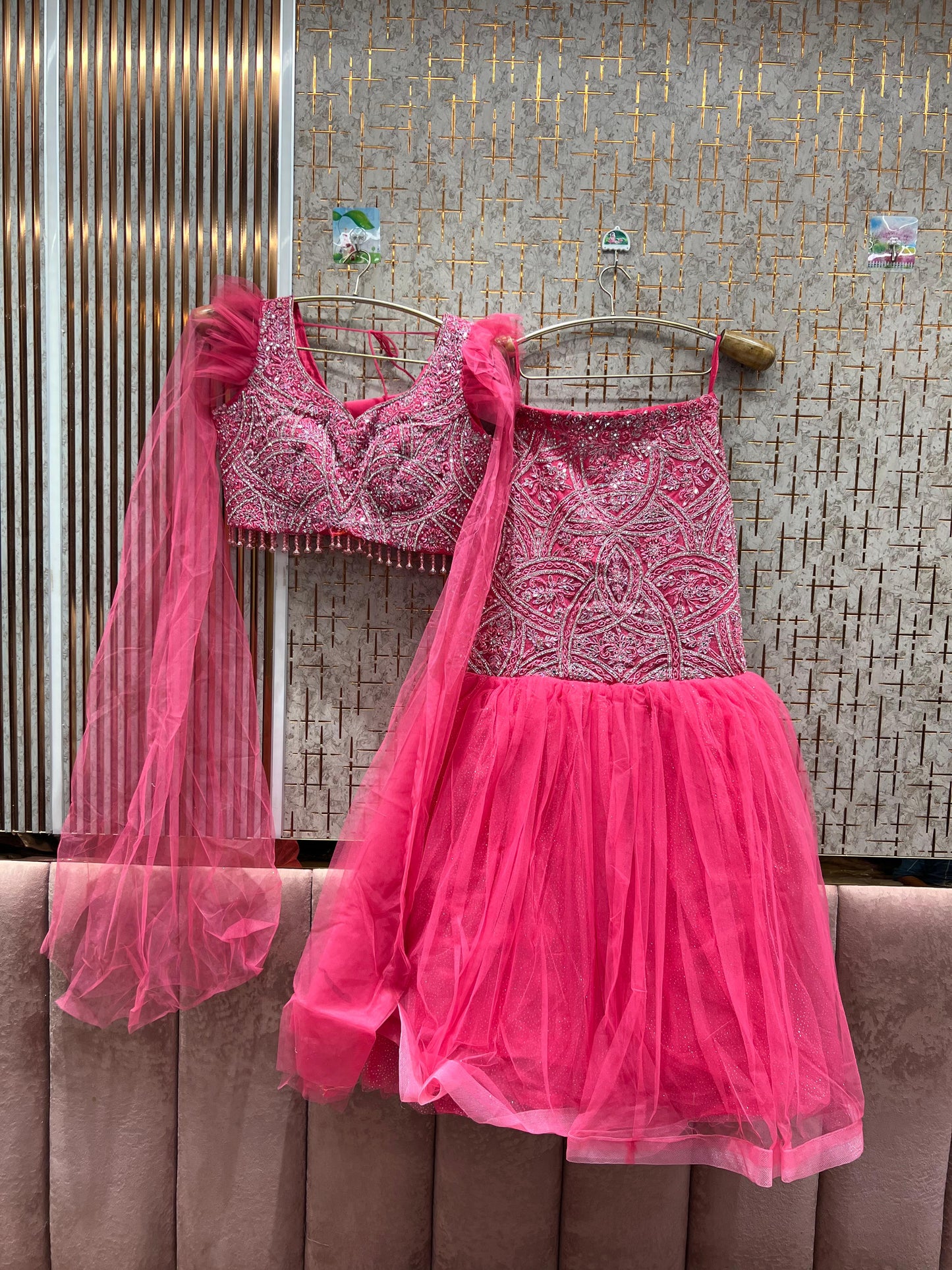 Eye catching peach crop top fish cut Lehenga