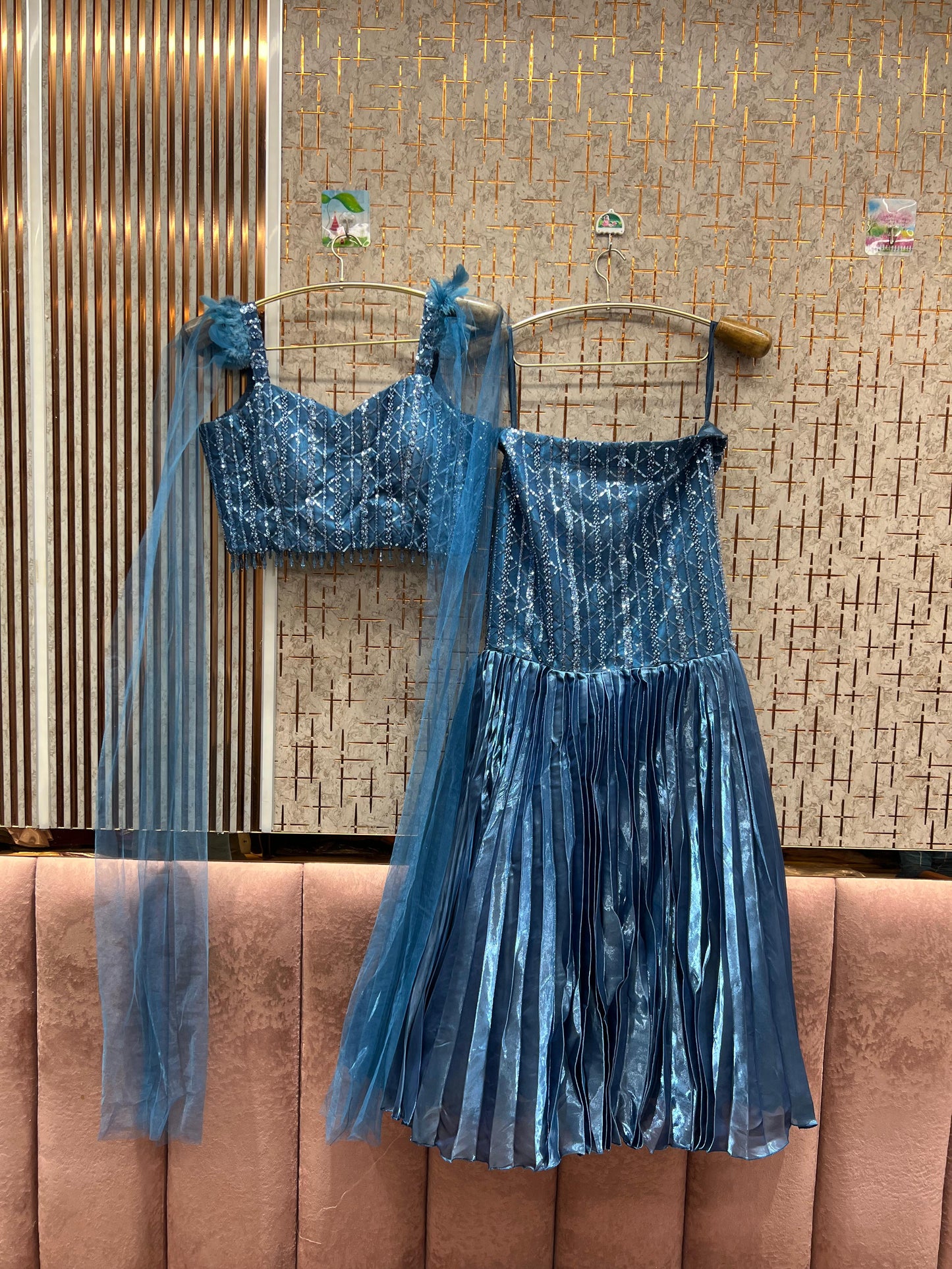 Designer golden peach crop top Lehenga