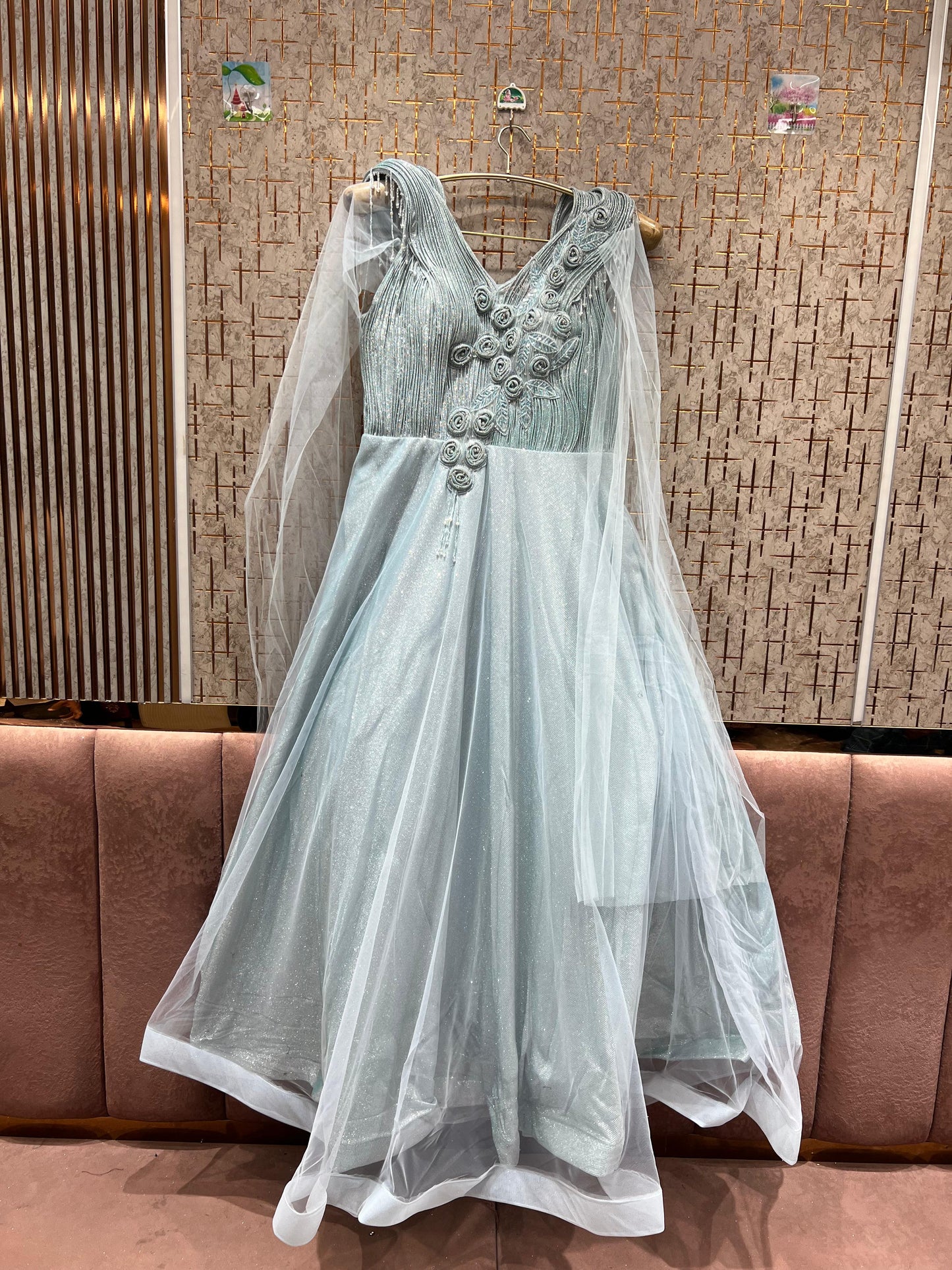Stunning pink green Sky blue gown