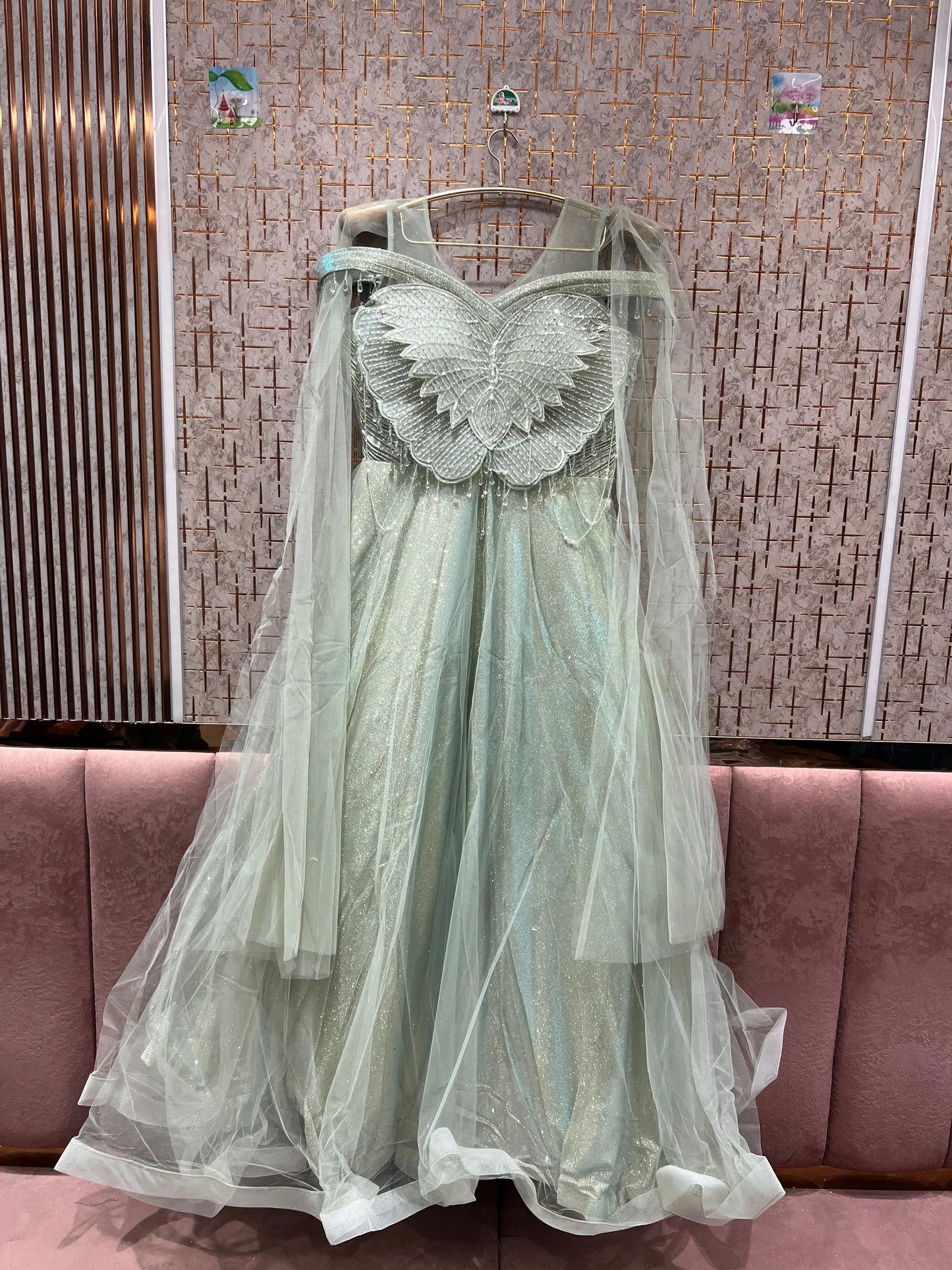 Astonishing green blue pink golden beige gown
