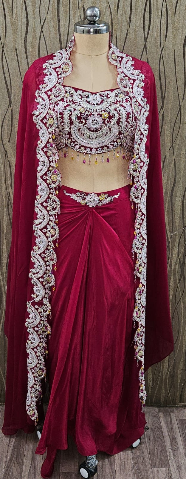 Attractive pink Drape Duptta Saree jacket crop top Lehenga Style