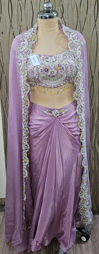 Attractive pink Drape Duptta Saree jacket crop top Lehenga Style