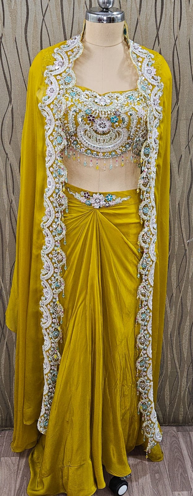 Attractive pink Drape Duptta Saree jacket crop top Lehenga Style