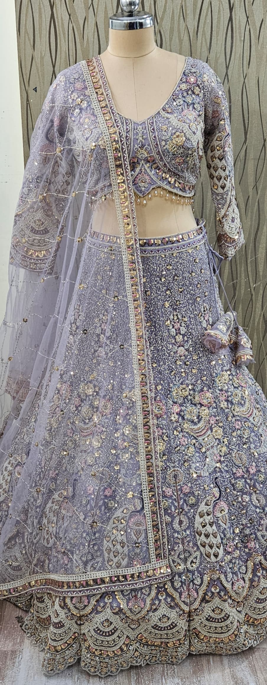 Eye catching light golden chiku brown peacock crop top Lehenga