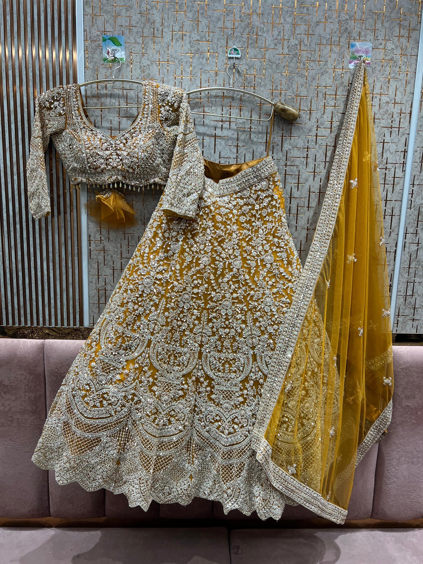Eye catching yellow haldi mehendi crop top Lehenga