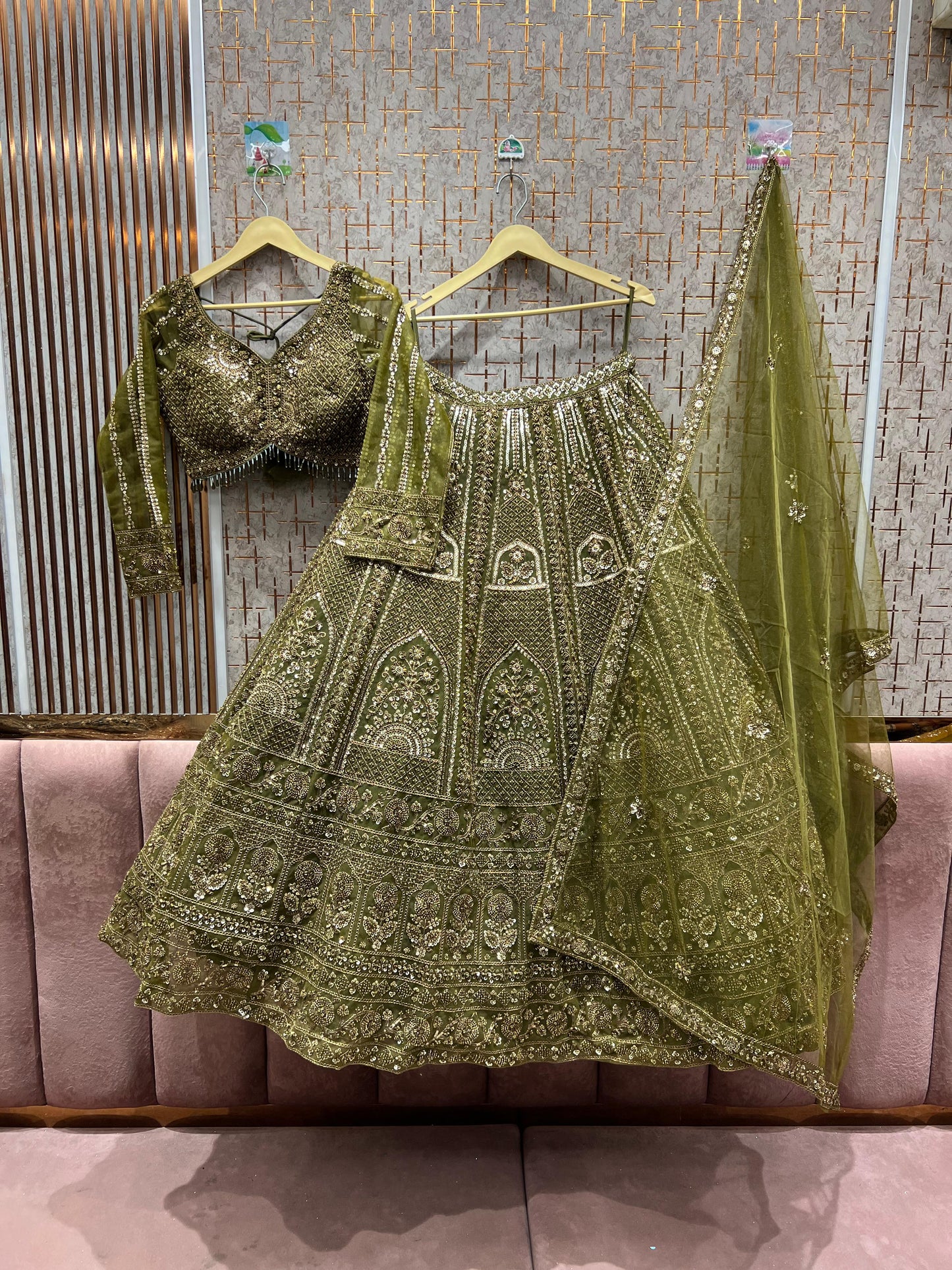 Blockbuster golden green crop top Lehenga