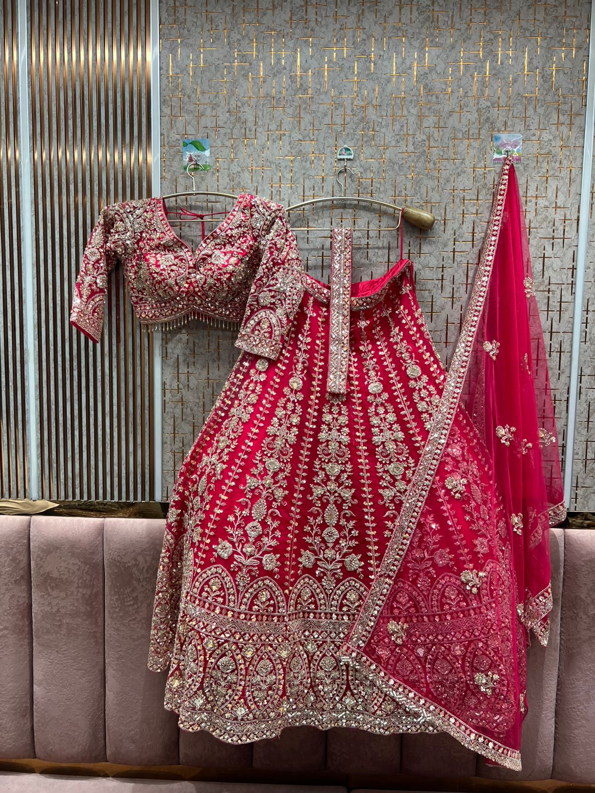 Designer red pink Crop top Lehenga