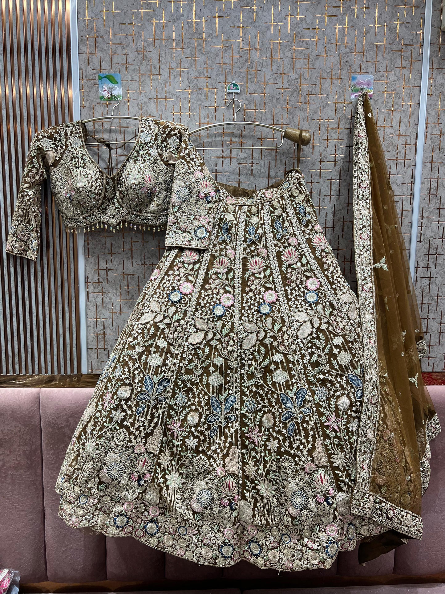 Pleasing yellow floral crop top Lehenga