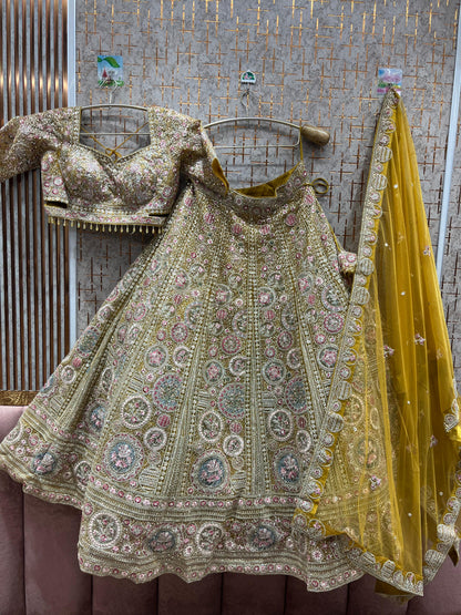 Circle mustard yellow haldi mehendi crop top Lehenga