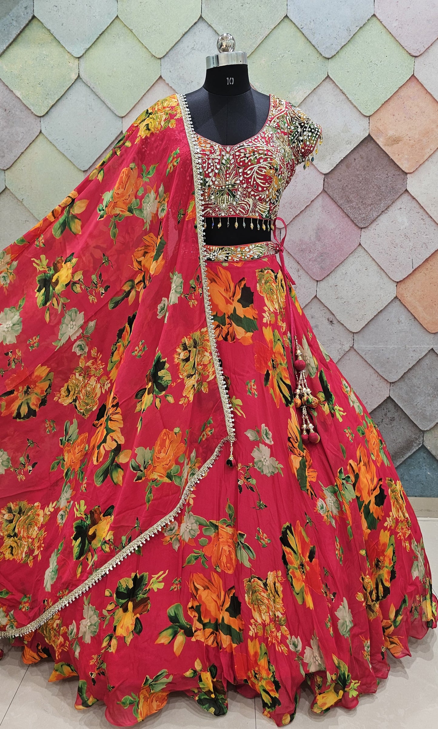 Attractive Hot pink Floral pure satin crop top Lehenga