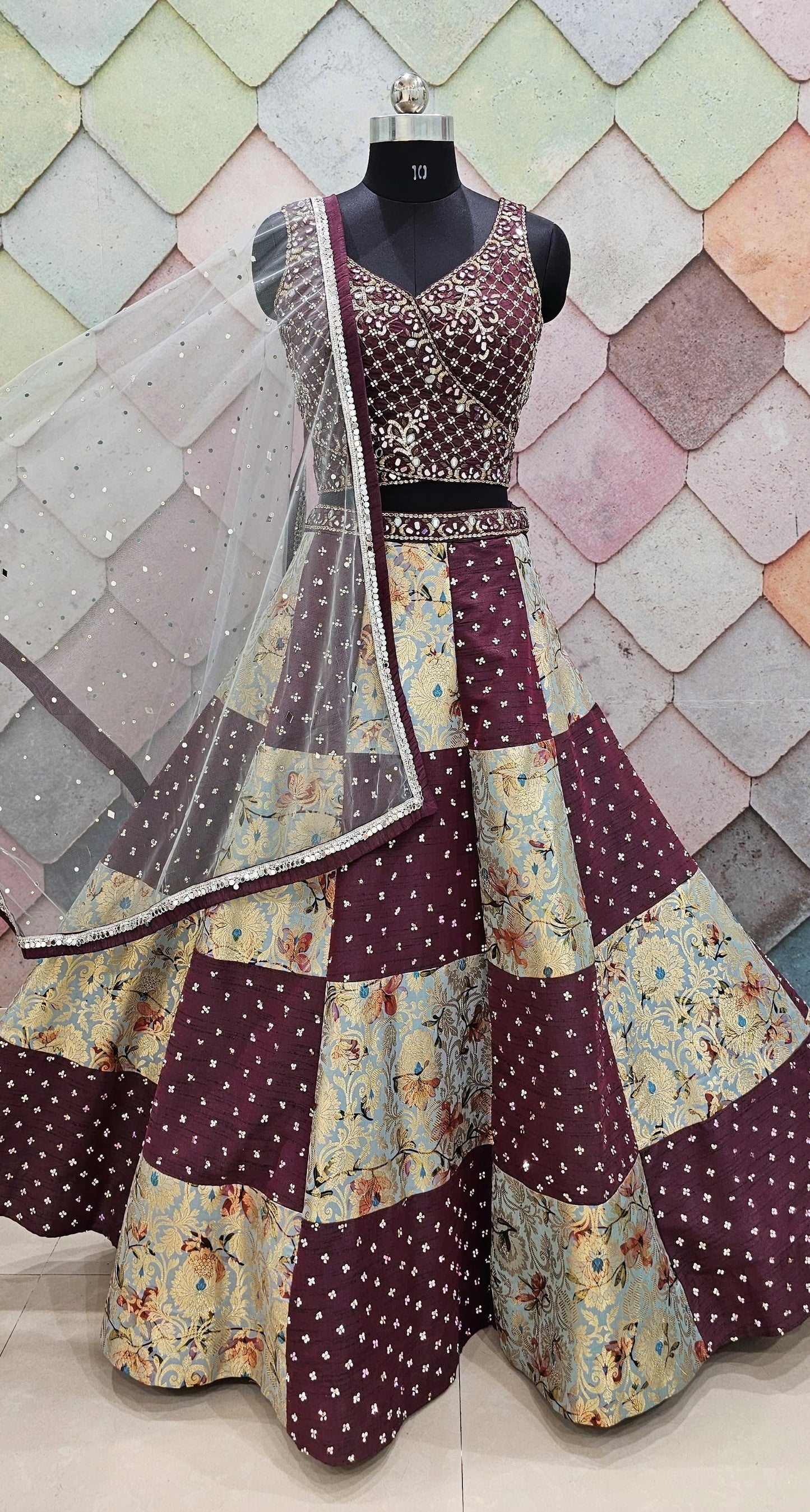 Fabulous maroon golden pure brocade with silk crop top Lehenga