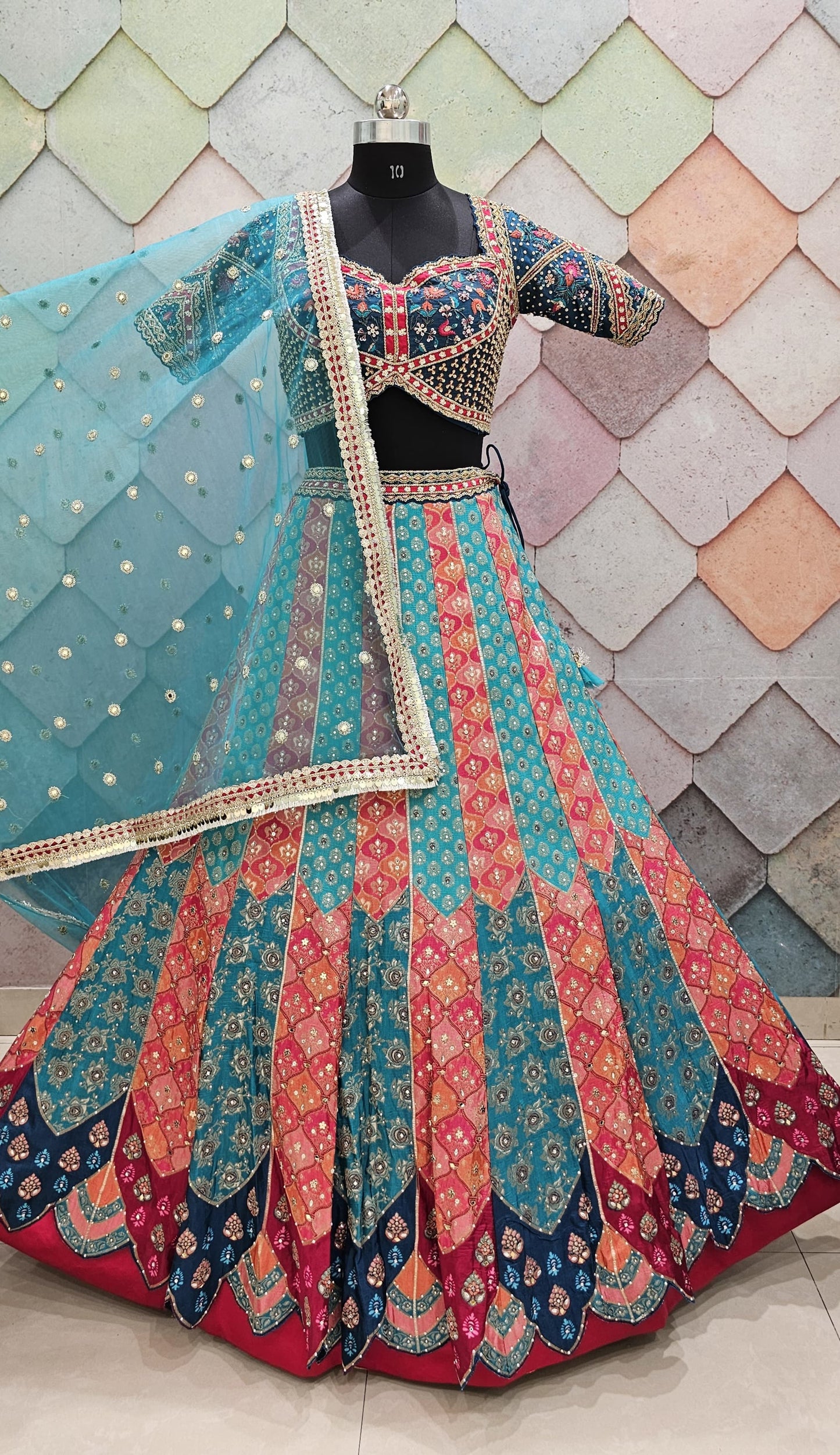 Amazing Sky blue peach brocade Banarasi multicolor crop top Lehenga