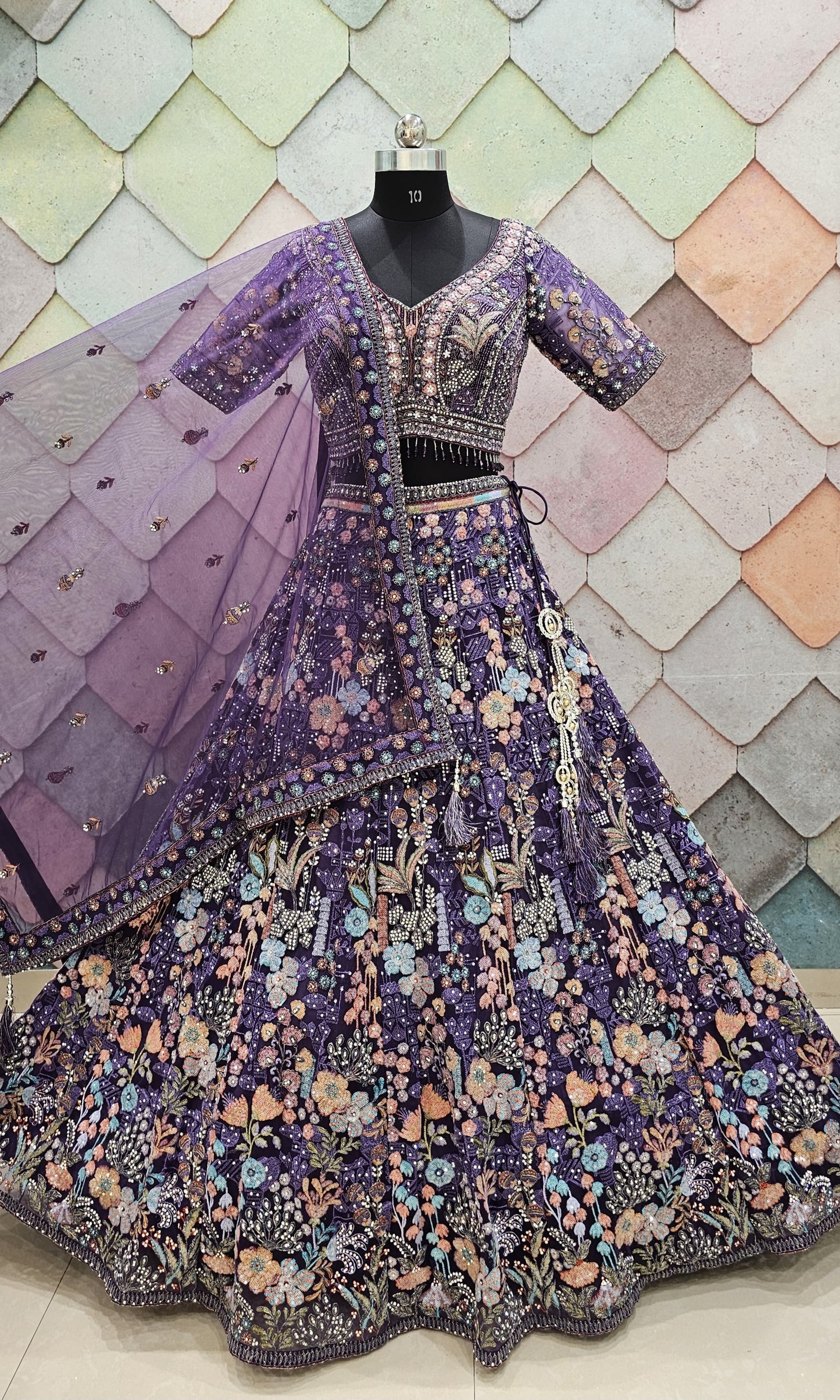 Glamorous floral purple net crop top Lehenga