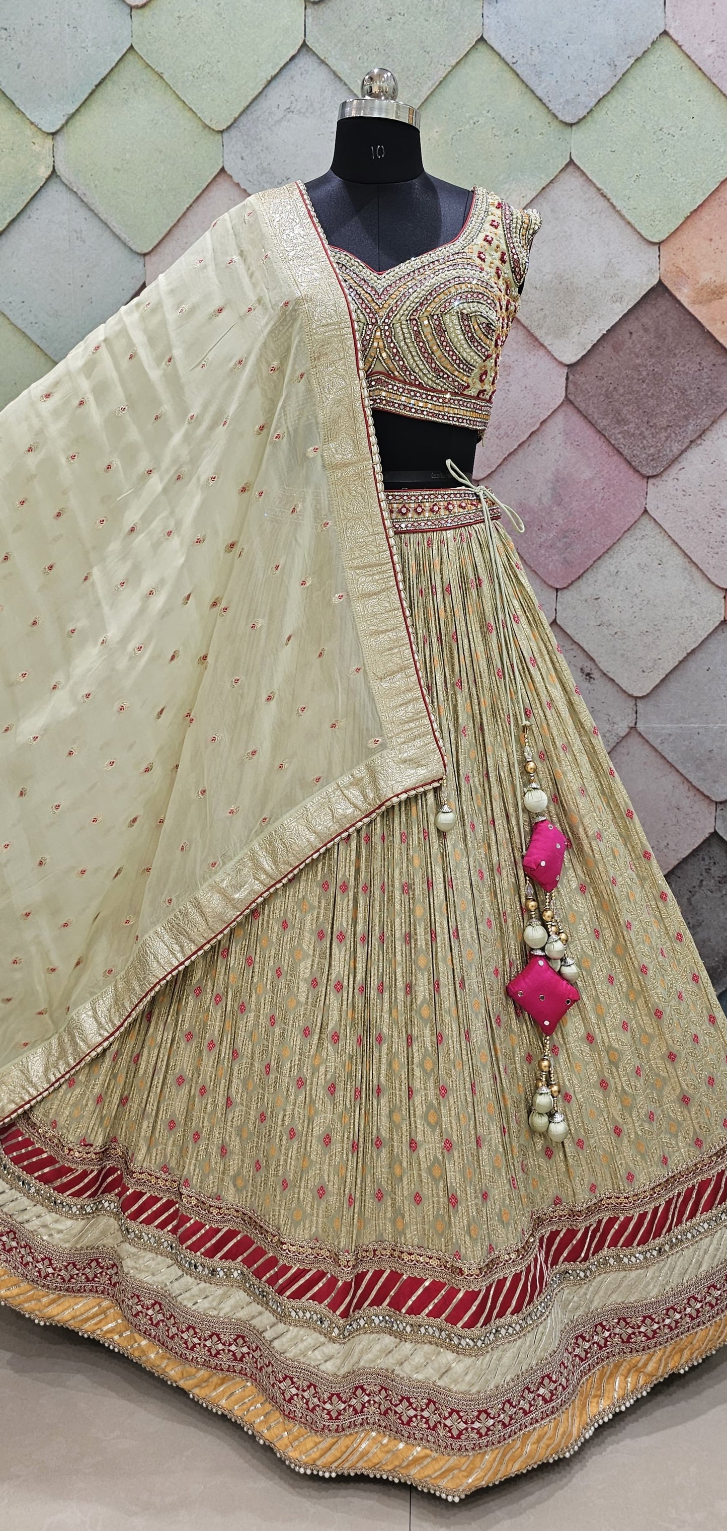 Banarasi golden pista green crop top Lehenga