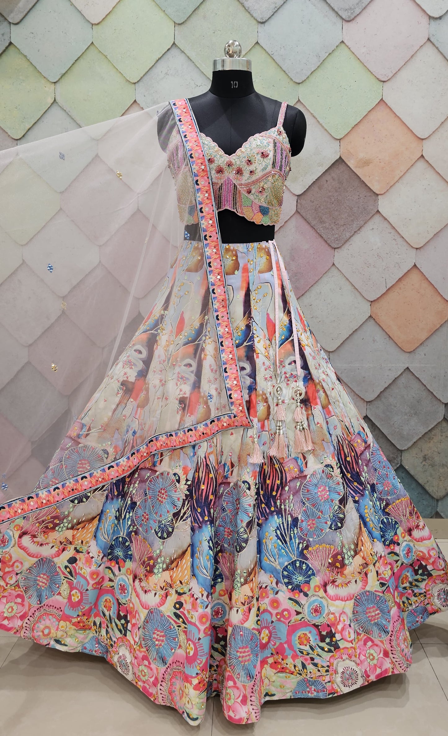 Designer White pink purple multicolour crop top Lehenga