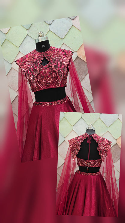 Embellished wine pink crop top Lehenga