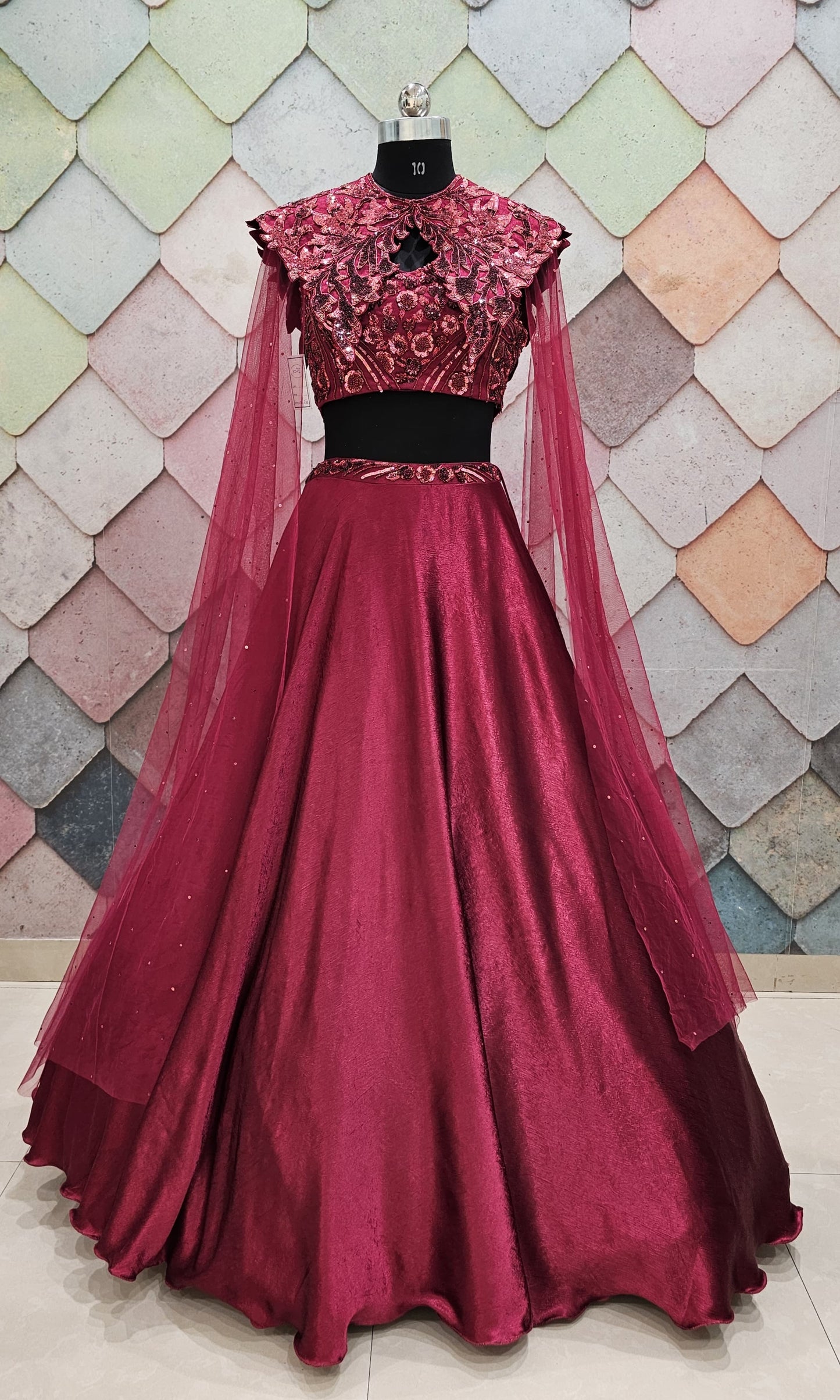 Embellished wine pink crop top Lehenga