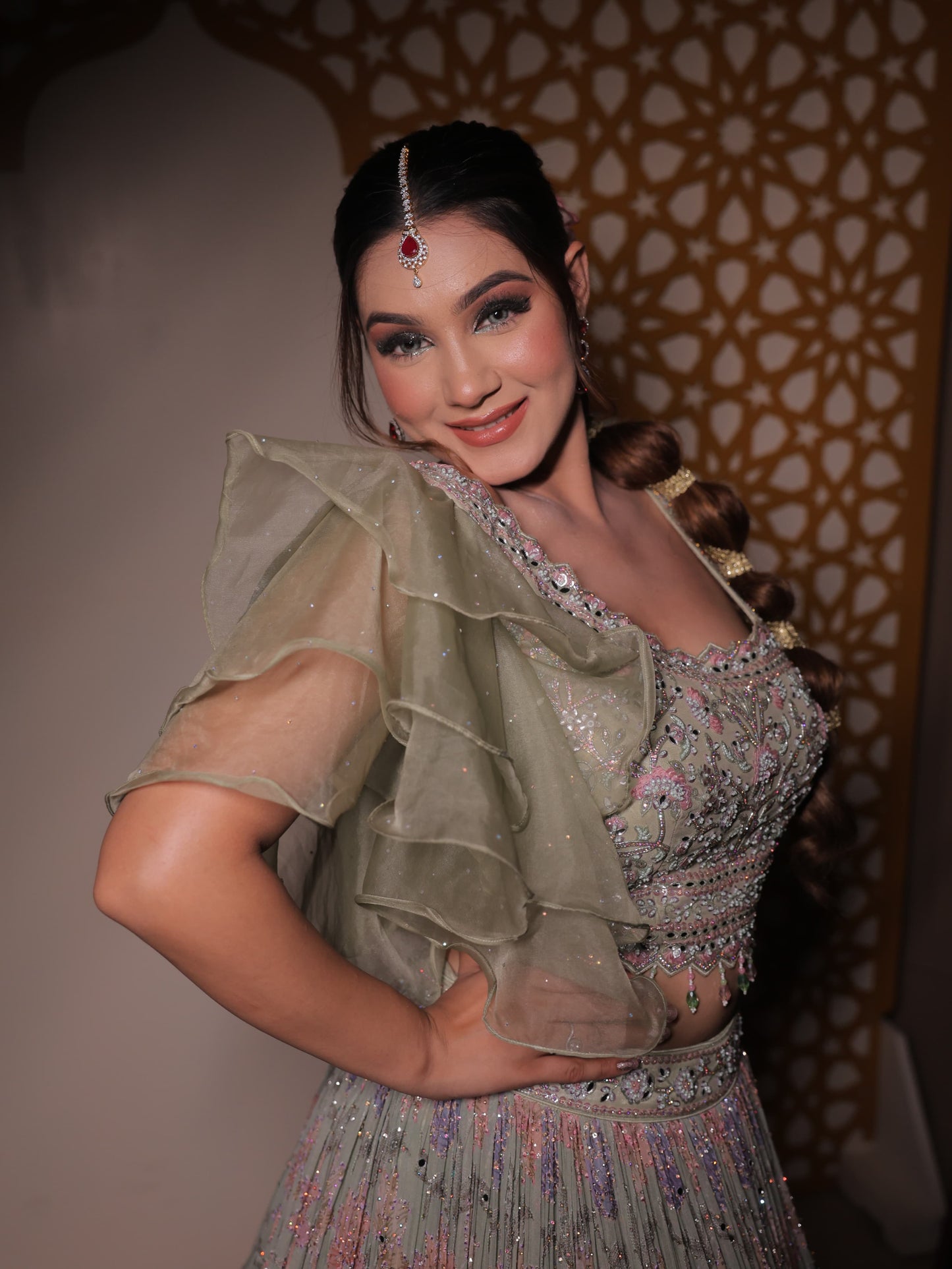 Tremendous light green crop top Lehenga