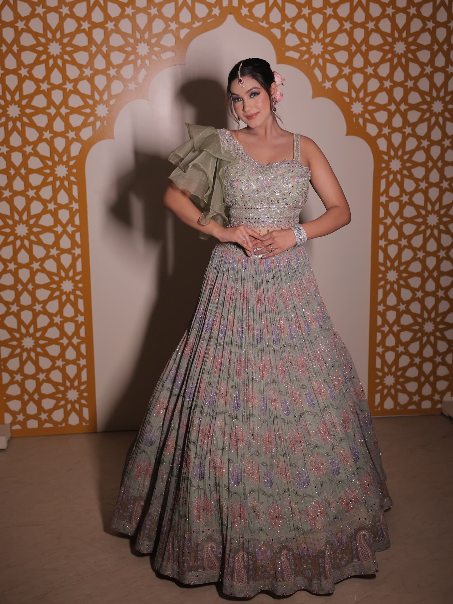 Tremendous light green crop top Lehenga