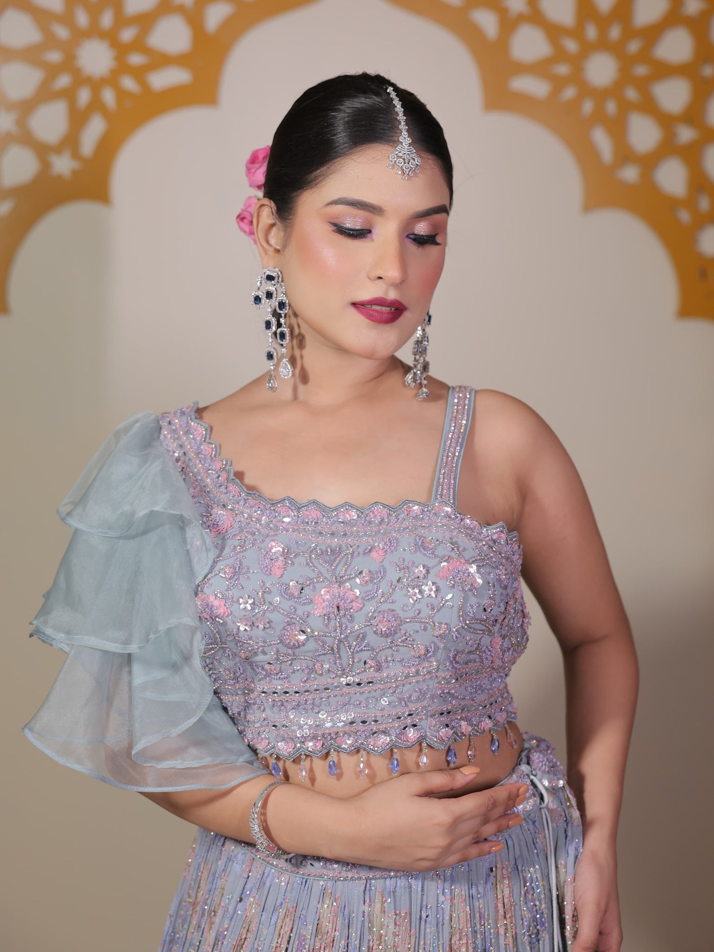 Tremendous light green crop top Lehenga