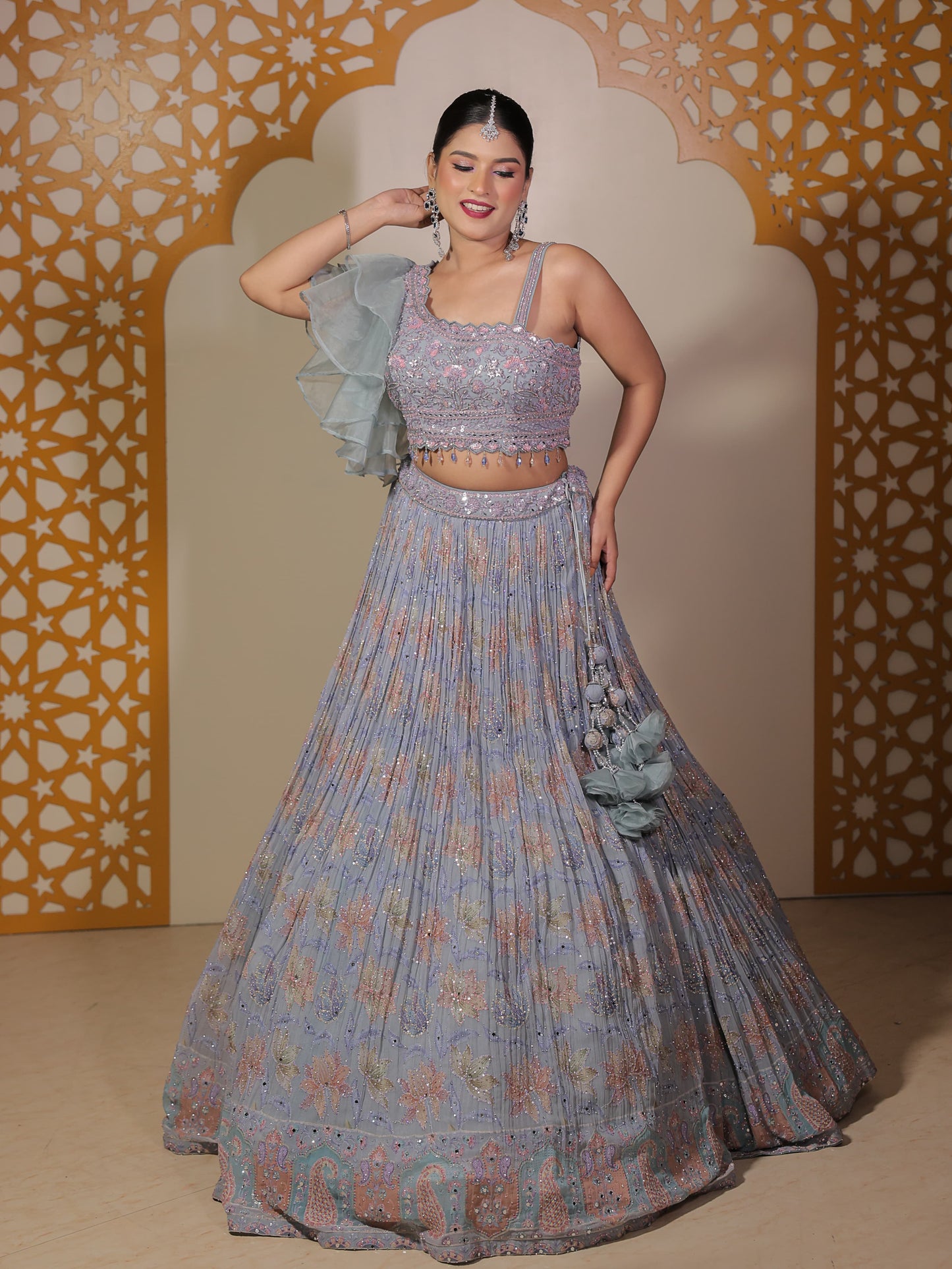 Tremendous light green crop top Lehenga