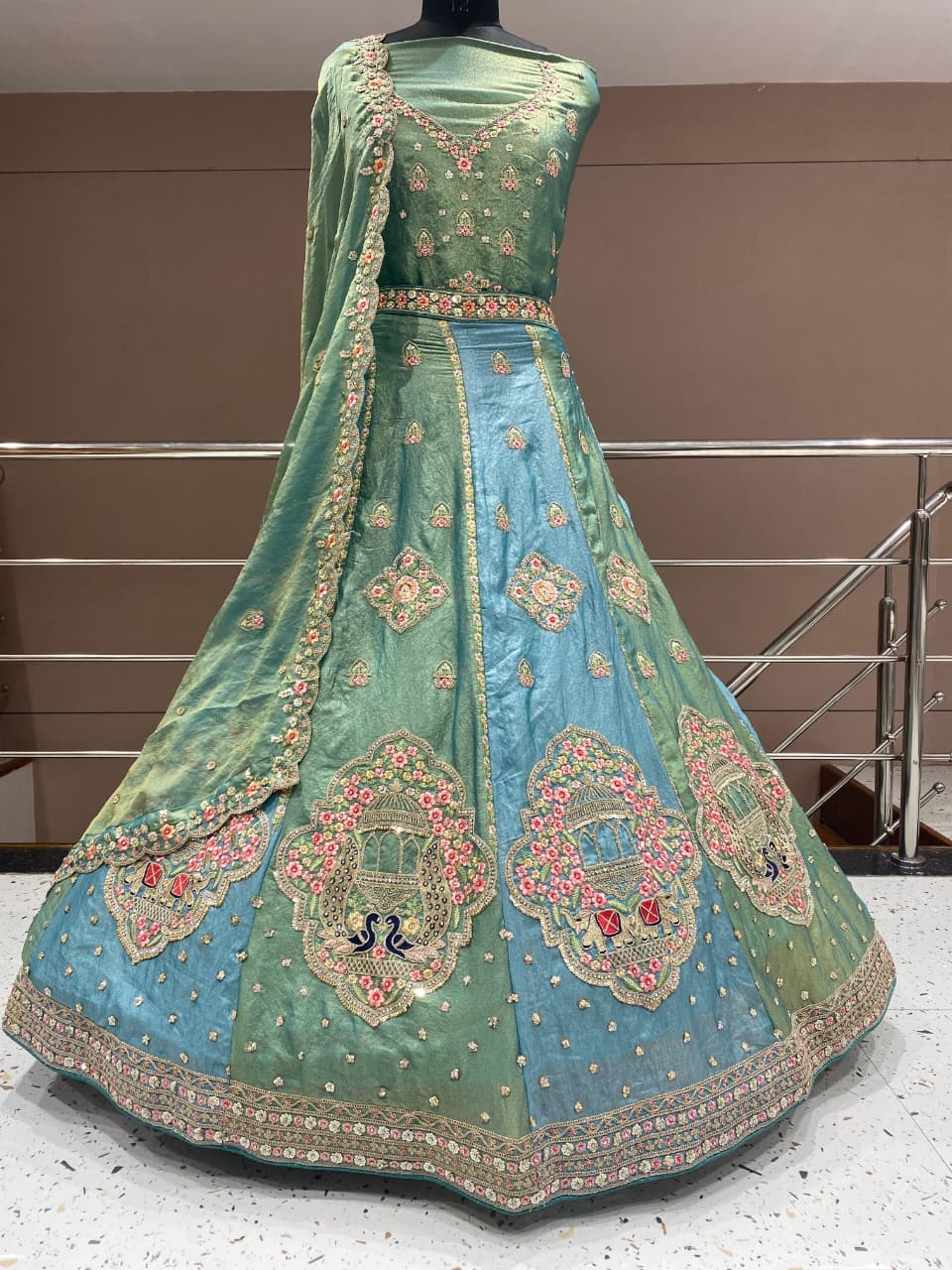 Attractive Sky blue green peacock  Lehenga