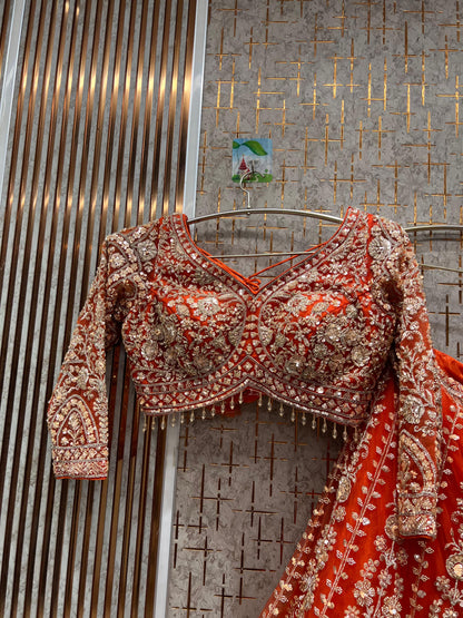 Designer red pink Crop top Lehenga