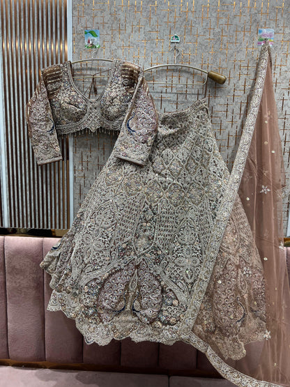 Fantástico top corto color azul cielo con diseño de pavo real y falda Lehenga.