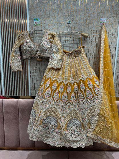 Glamorous yellow peacock crop top Lehenga