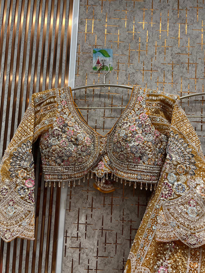 Glamorous yellow peacock crop top Lehenga