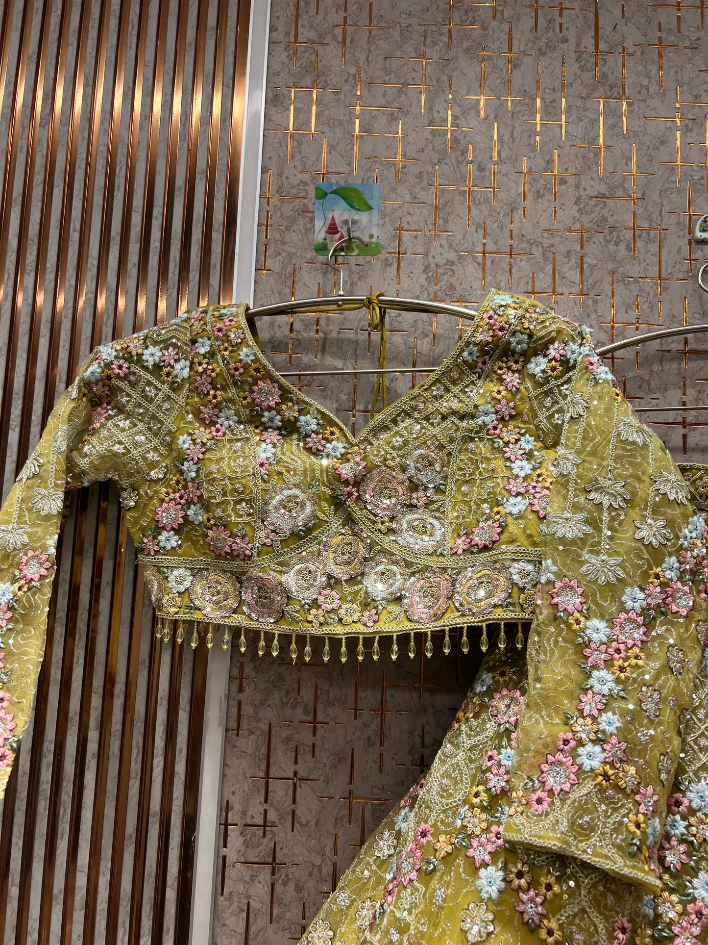 Embellished yellow crop top Lehenga