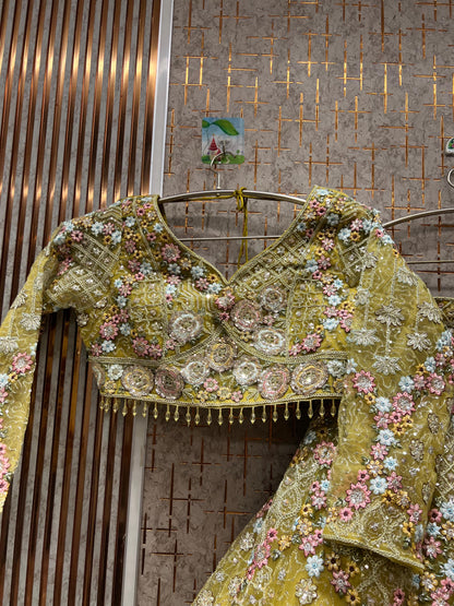 Embellished yellow crop top Lehenga