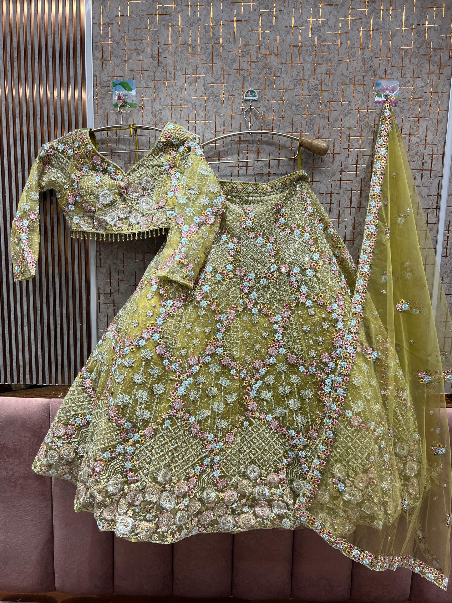 Embellished yellow crop top Lehenga
