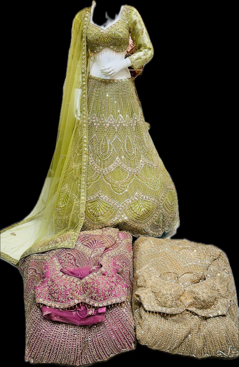 Designer parrot green pink golden yellow crop top Lehenga