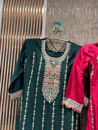 Embellished purple pink Green Shrug dress readymade suit