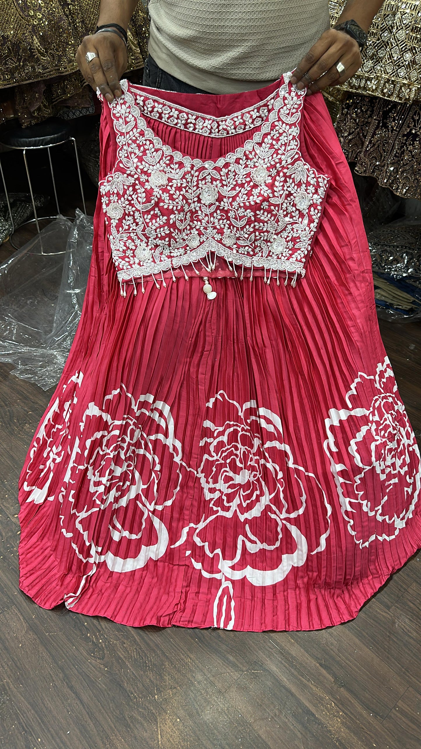 Lavishing Hot pink flower print Crop top Lehenga