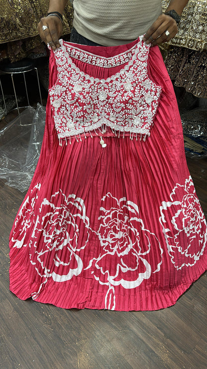 Lavishing Hot pink flower print Crop top Lehenga