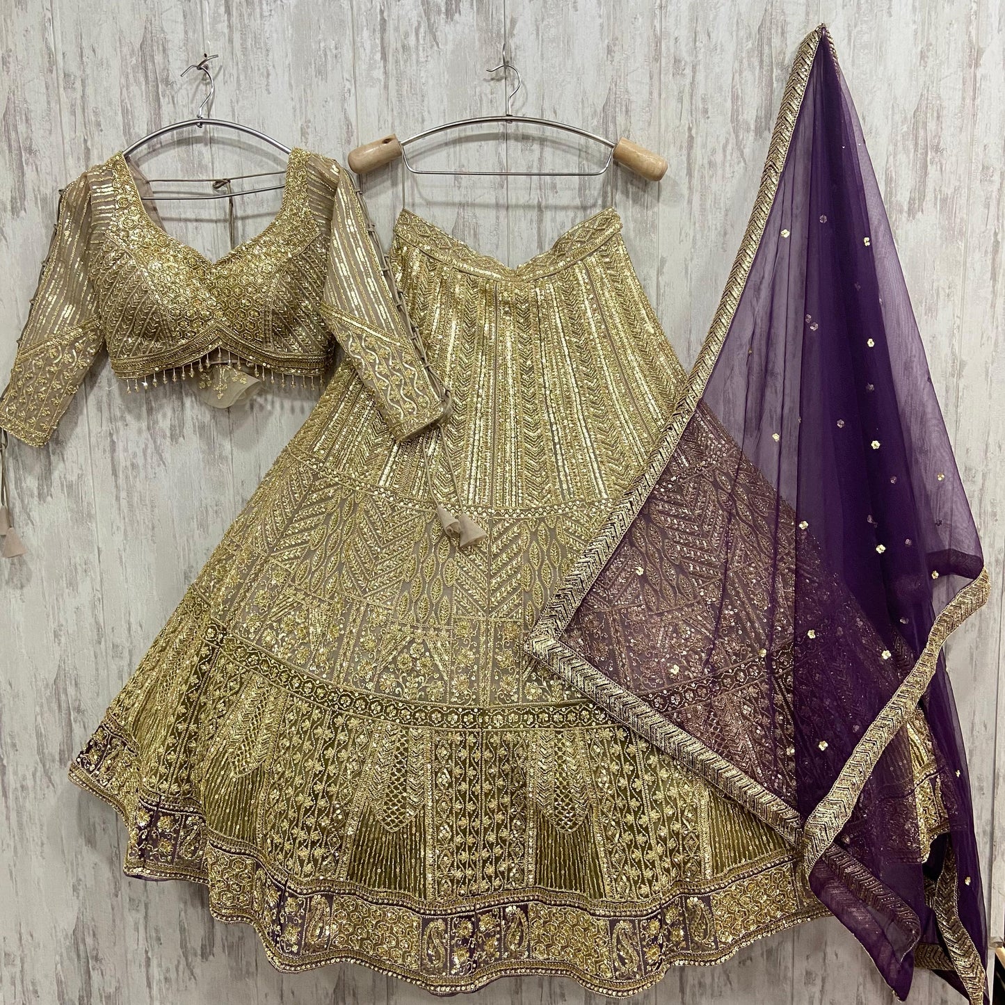 Embellished golden green Crop top Lehenga