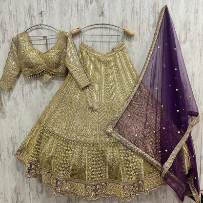 Embellished golden green Crop top Lehenga