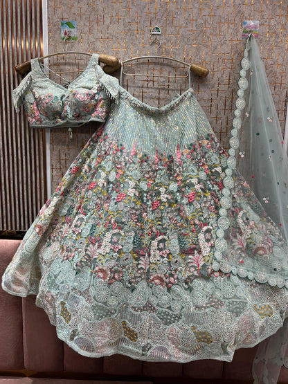 Astonishing Sky blue peacock Crop top Lehenga