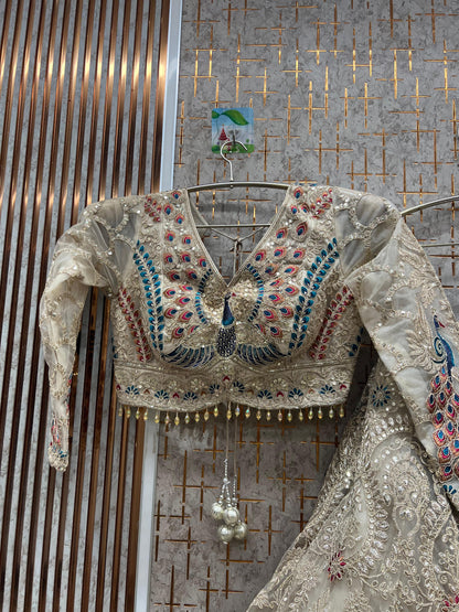 Fantastic Peacock White Crop top Lehenga