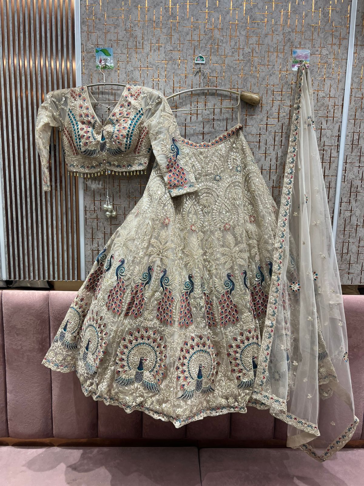 Fantastic Peacock White Crop top Lehenga