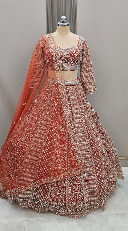 Astonishing Orange Ready to wear Mirror work Crop Top Lehenga