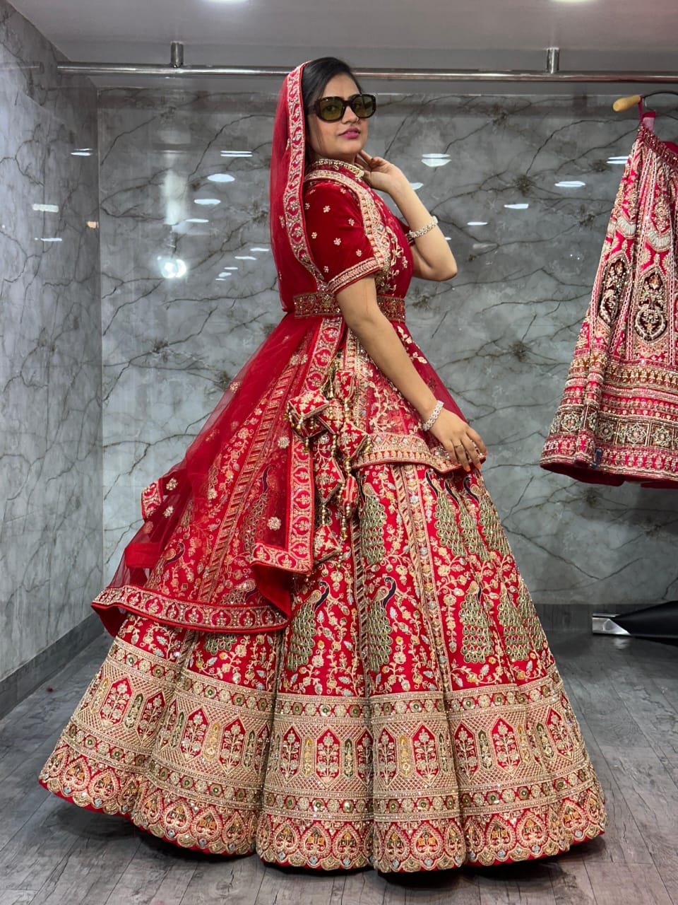 Attractive peacock Red rani pink Ball Bridal Lehenga