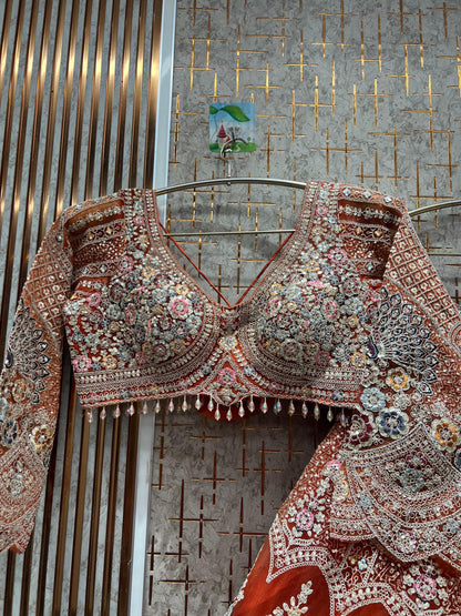 Lavishing orange peacock Crop top Lehenga
