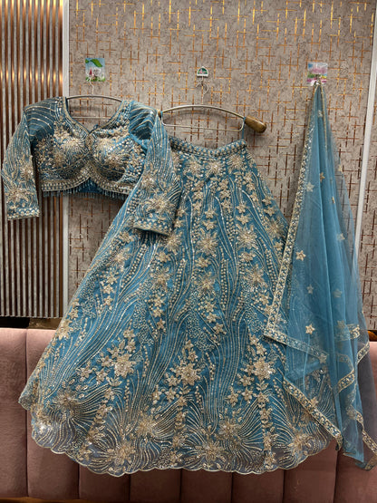 Eye catching Sky blue Crop top Lehenga