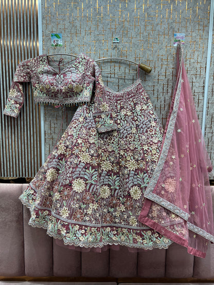 Designer peach Flower Crop top Lehenga