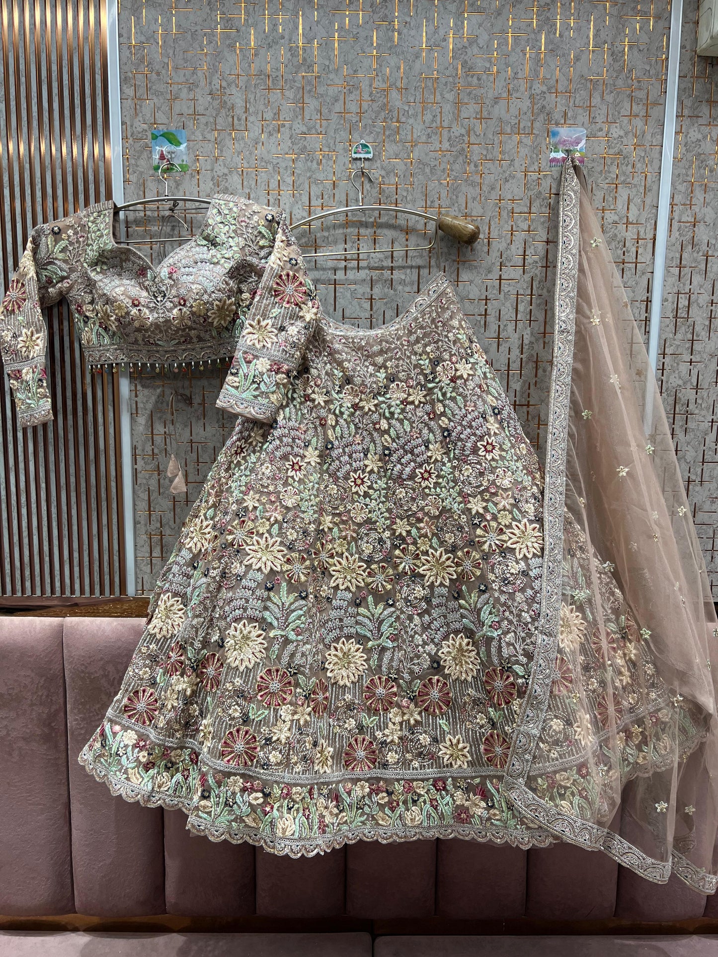 Designer peach Flower Crop top Lehenga