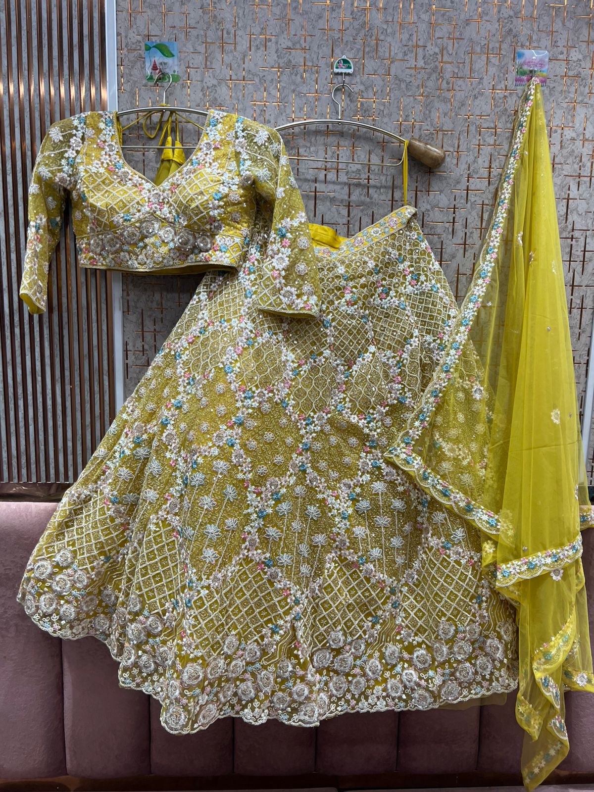 Pleasing peach light yellow Crop top Lehenga